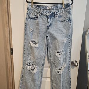 LOVE SOHO Heavily Distressed Light Blue Denim Wide Leg Boyfriend Fit Jean Size 9